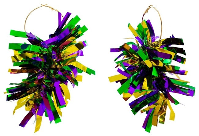 Mardi Gras Tinsel Pom Pom Earrings