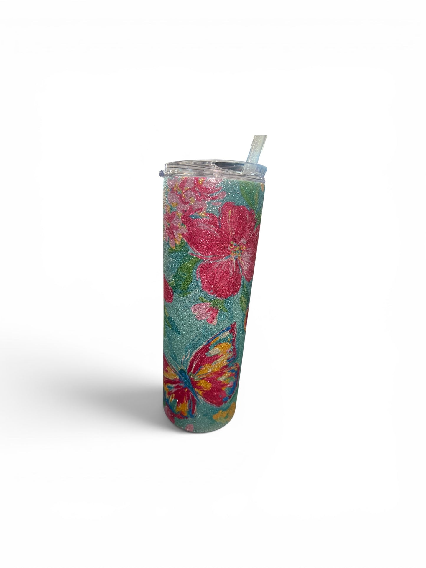 Butterfly with flowers glitter tumbler