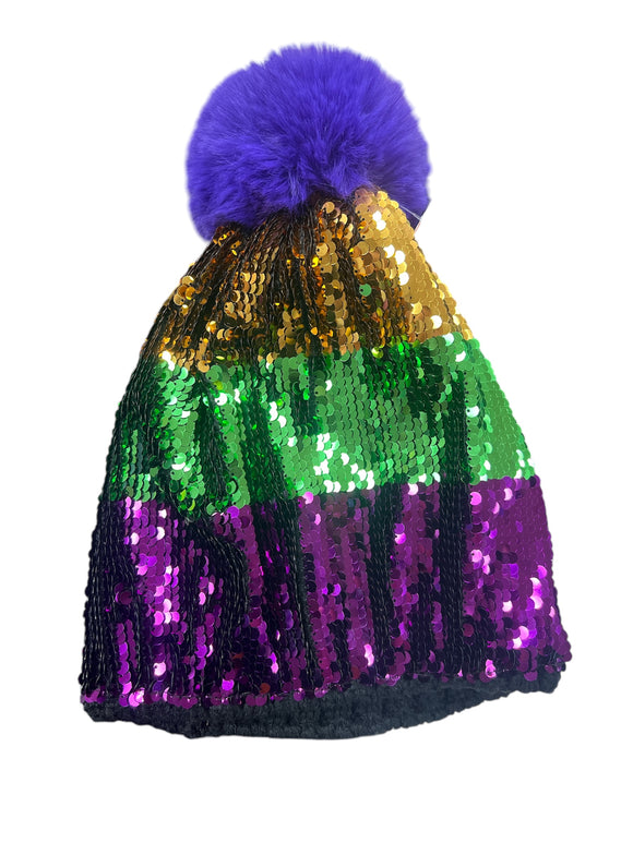 Sequin Mardi Gras puff beanie