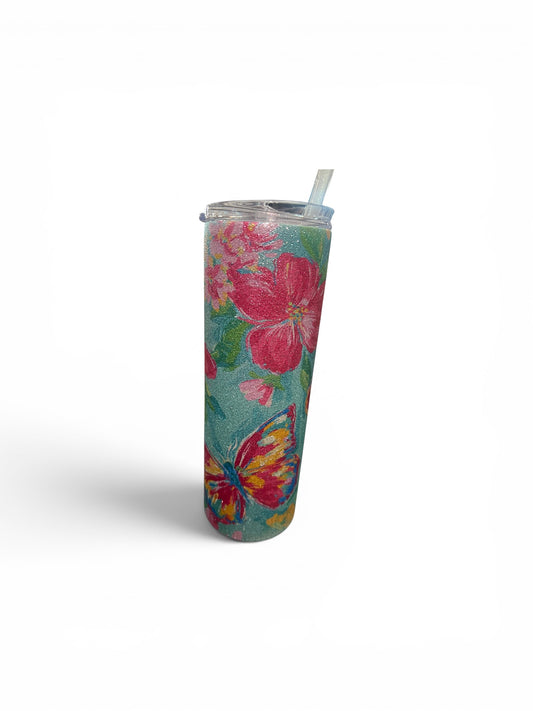 Butterfly with flowers glitter tumbler