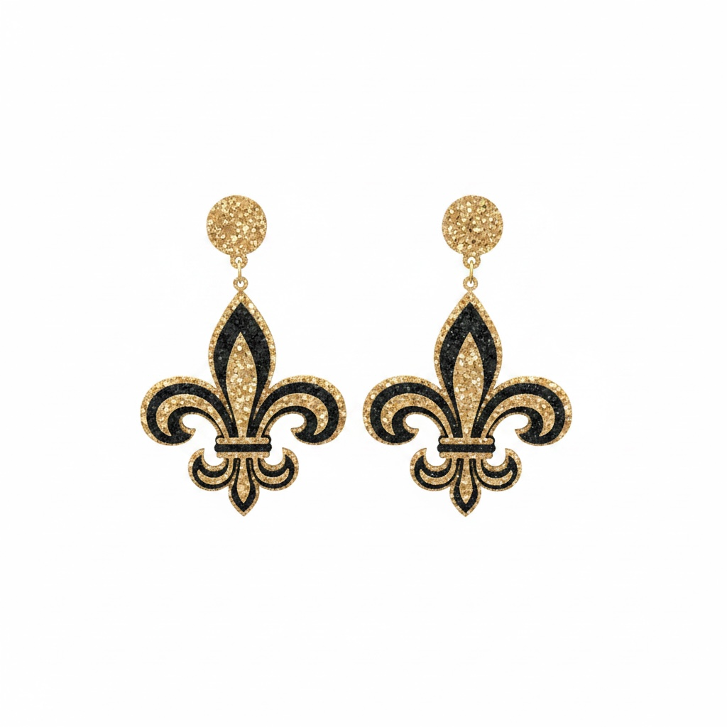 Black & Gold Glitter Fleur De Lis Earrings