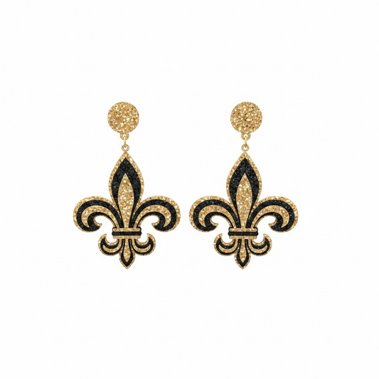 Black & Gold Glitter Fleur De Lis Earrings