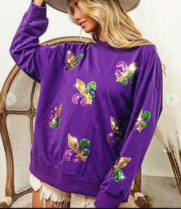 Apparel - FLEUR DE LIS SEQUIN PATCHES MARDI GRAS PULLOVER