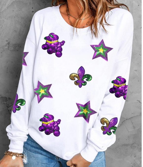 Mardi Gras bead dog and fleur de lis pull over