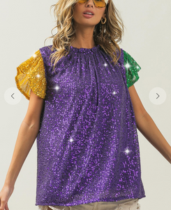 Mardi Gras ruffled neck short sleeve top