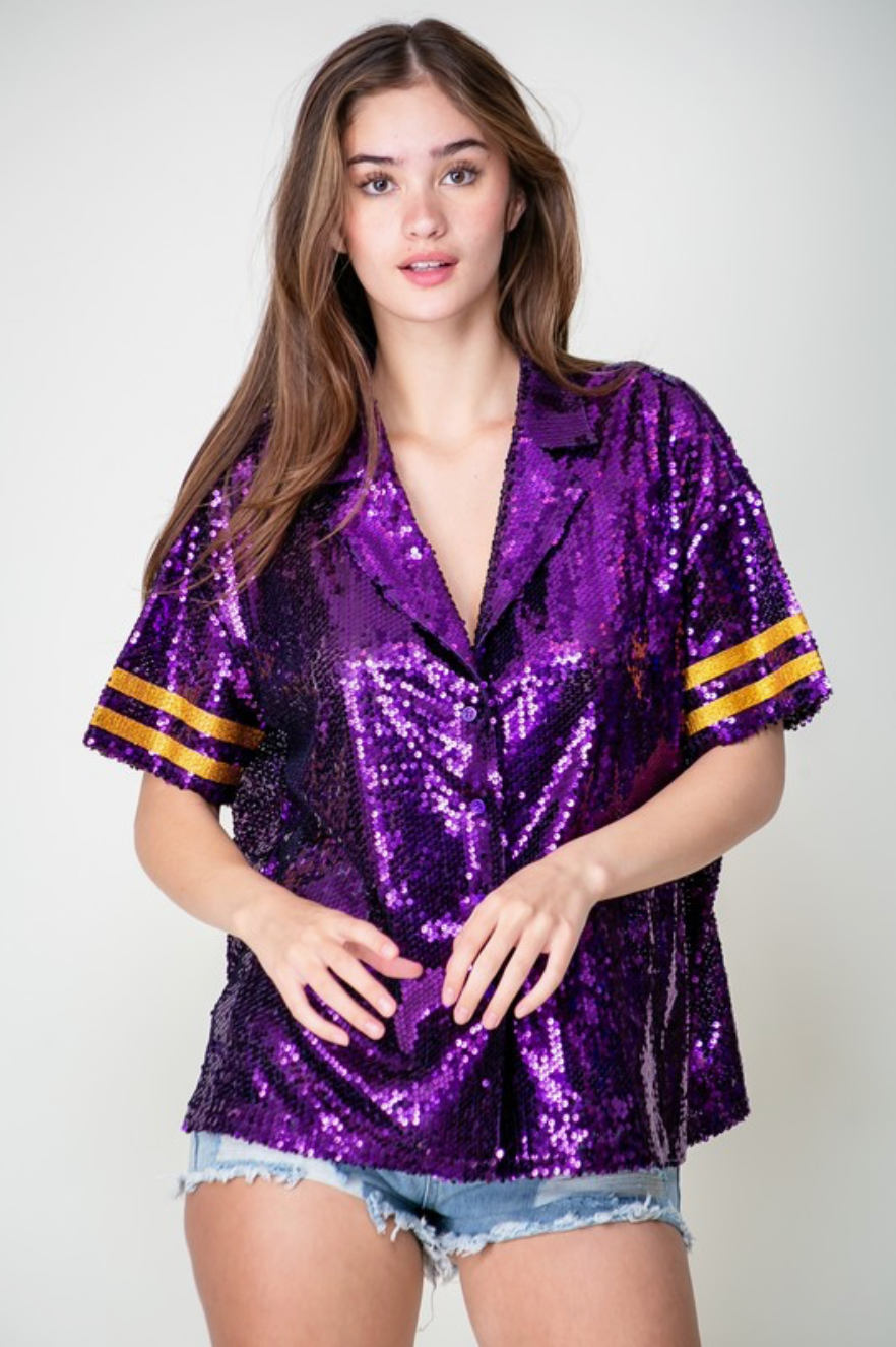 Purple Game day Sequin Button Up