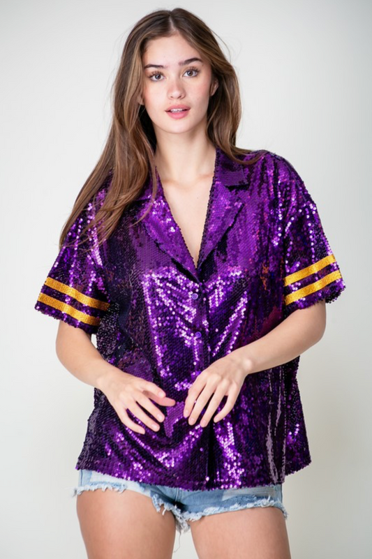 Purple Game day Sequin Button Up